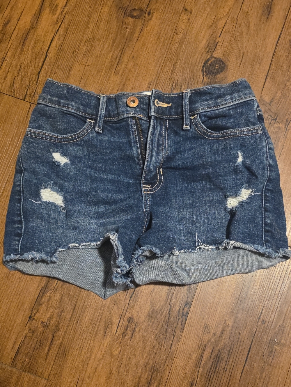 abercrombie kids dark blue distressed denim shorts